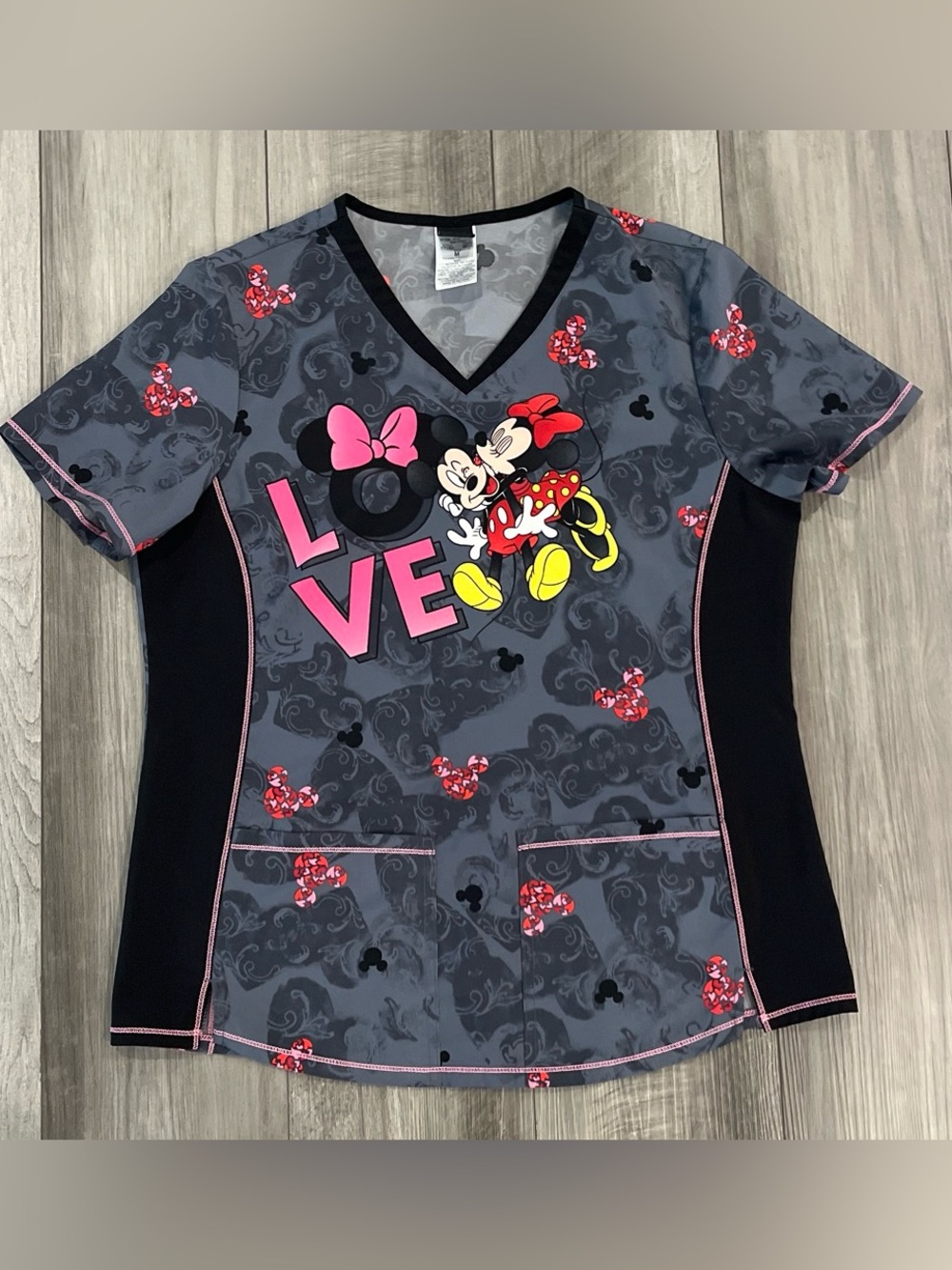 Disney Gray & Black Minnie Mouse LOVE V-Neck Scrub Top with Pink Accents